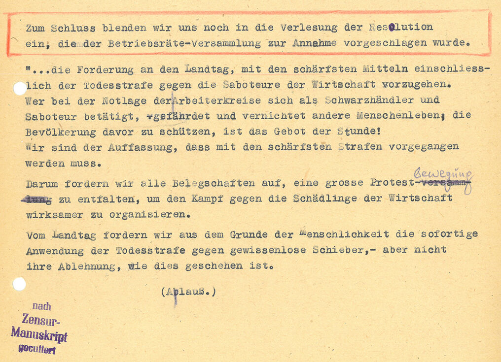 Programmunterlagen Landessender Dresden, Sendebeitrag »Gewerkschaftsfunk« vom 18.02.1947