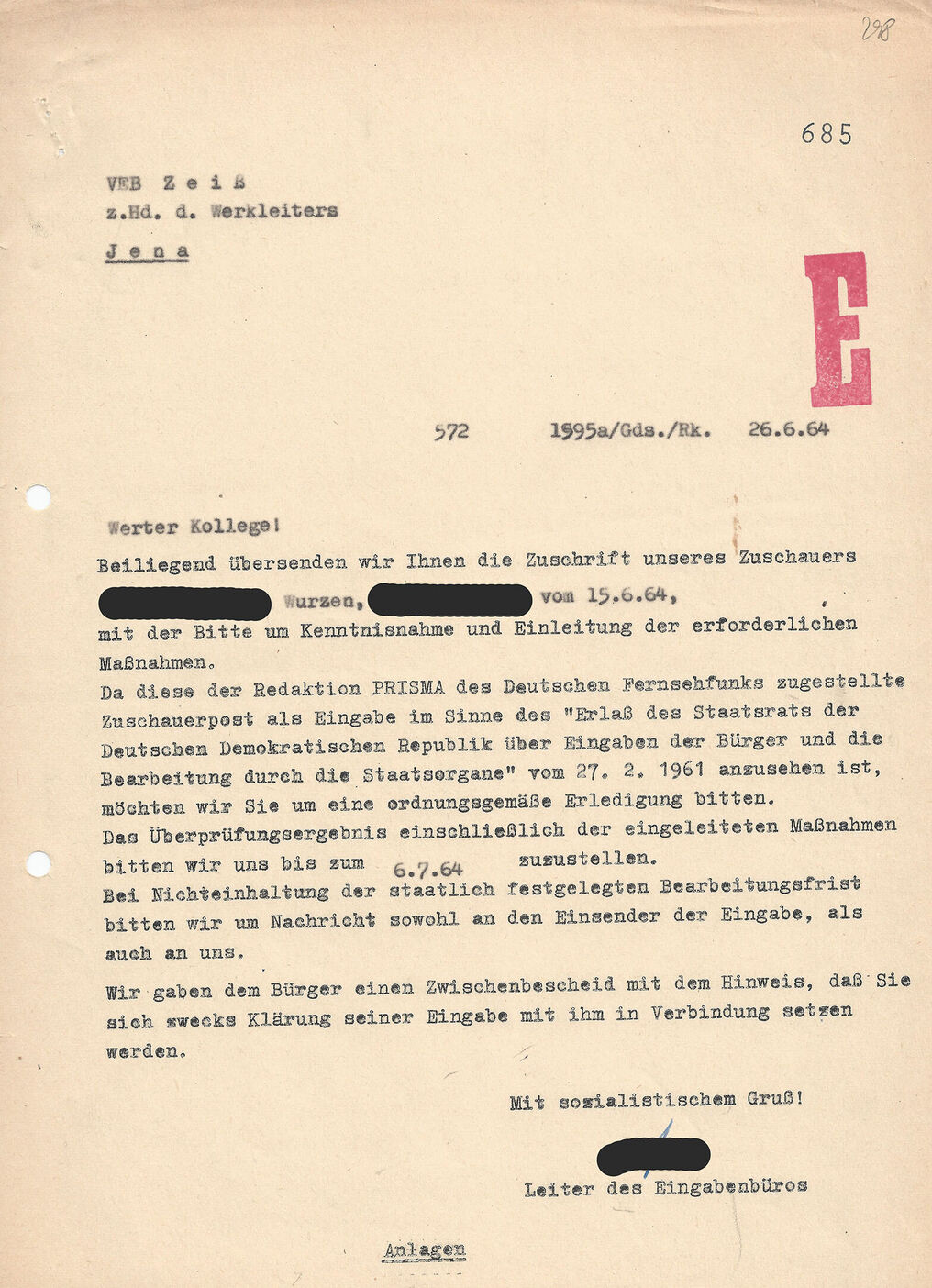 Schreiben von Prisma an VEB Zeiss | Bildquelle: DRA Schreiben von Prisma an VEB Zeiss vom 26.06.64, Sammlung Zeitgeist, DRA, S. 685