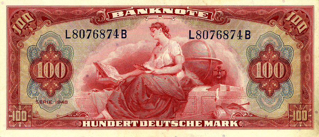 Vorderseite Banknote »100 Deutsche Mark«, Umlaufdatum 20.06.1948 | Bildquelle: Deutsche Bundesbank Vorderseite Banknote »100 Deutsche Mark«, Umlaufdatum 20.06.1948