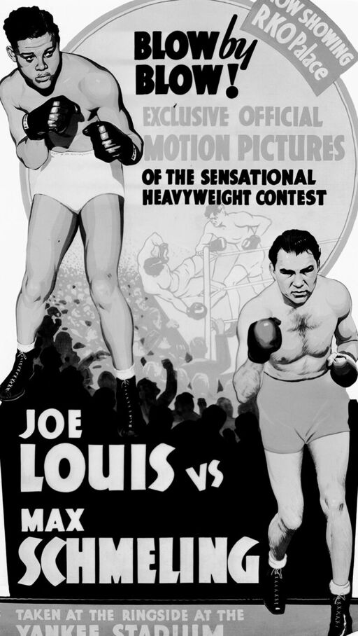 Werbeplakat zur Filmvorführung eines Kampfes zwischen Joe Louis und Max Schmeling in den 1930er Jahren