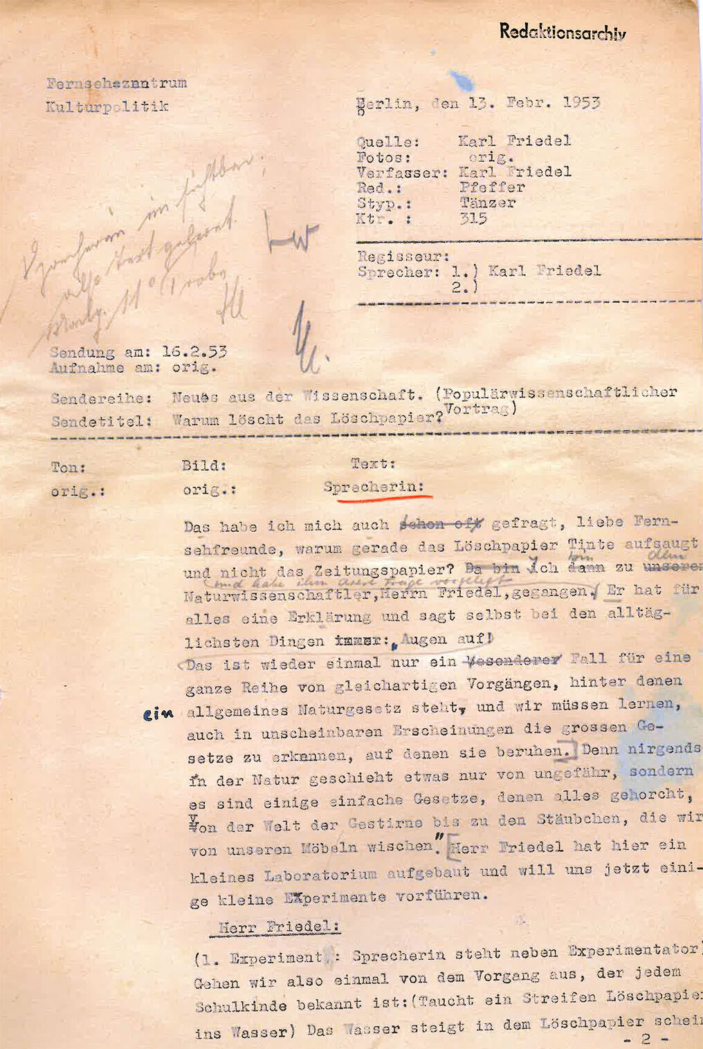 Manuskriptseite der Sendung »Neues aus der Wissenschaft: Warum löscht Löschpapier?«, gesendet am 16.02.1953