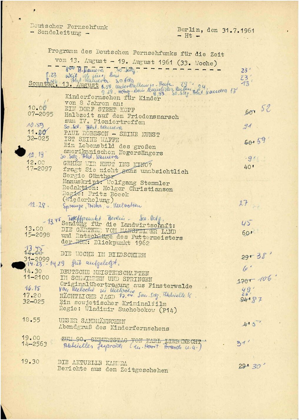 Ausschnitt aus dem Sendeprotokoll des Deutschen Fernsehfunks (DFF) für die Zeit vom 13. bis 19. August 1961.