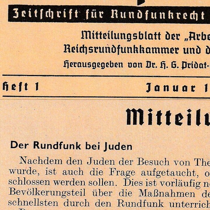 Auszug aus Rundfunkarchiv. Zeitschrift für Rundfunkrecht und Rundfunkwirtschaft, 1 (1939), 12. Band »Der Rundfunk bei Juden«