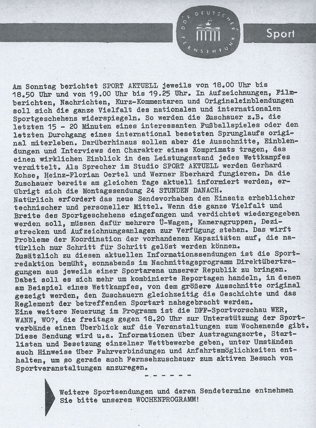 Informationen zum Sportprogramm aus der Zeitschrift »Fernsehdienst« | Bildquelle: DRA Informationen zum Sportprogramm aus der Zeitschrift »Fernsehdienst«