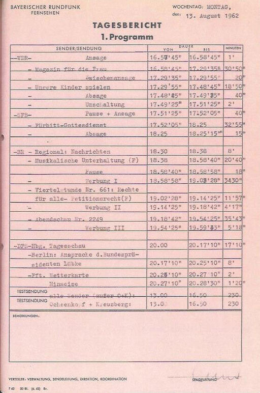 Ausschnitt aus dem Sendeprotokoll der ARD vom 13. August 1962