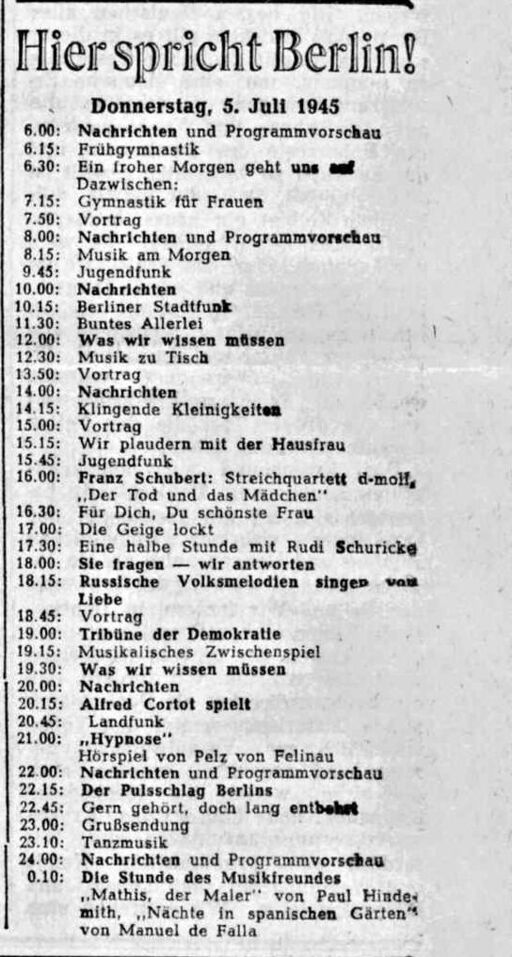 Berliner Zeitung, 04.07.1945, S. 4. Programm des Berliner Rundfunks. Für 21 Uhr am 5. Juli 1945 ist das Hörspiel »Hypnose« angekündigt. | Bildquelle: Berliner Zeitung Berliner Zeitung, 04.07.1945, S. 4. Programm des Berliner Rundfunks. Für 21 Uhr am 5. Juli 1945 ist das Hörspiel »Hypnose« angekündigt.