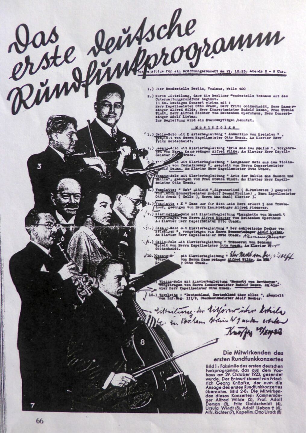 Illustration zum Start des Rundfunks | Bildquelle: Rundfunk: ein Handbuch, Funk-Dienst Berlin, 1930/Hermann Krehan Illustration zum Start des Rundfunks mit dem ersten Programm-Manuskript von Friedrich Georg Knöpfke sowie den Künstlern des Eröffnungskonzertes. Collage: Hermann Krehan, Berlin. Aus: Rundfunk: ein Handbuch, Funk-Dienst Berlin, 1930, S. 66