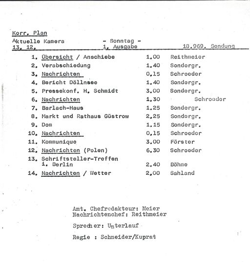 Laufplan der »Aktuellen Kamera« vom 13.12.1981 | Bildquelle: DRA
