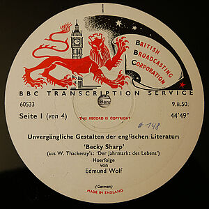 Plattenlabel und Programmbeispiel des »BBC Transcription Service«, 1947