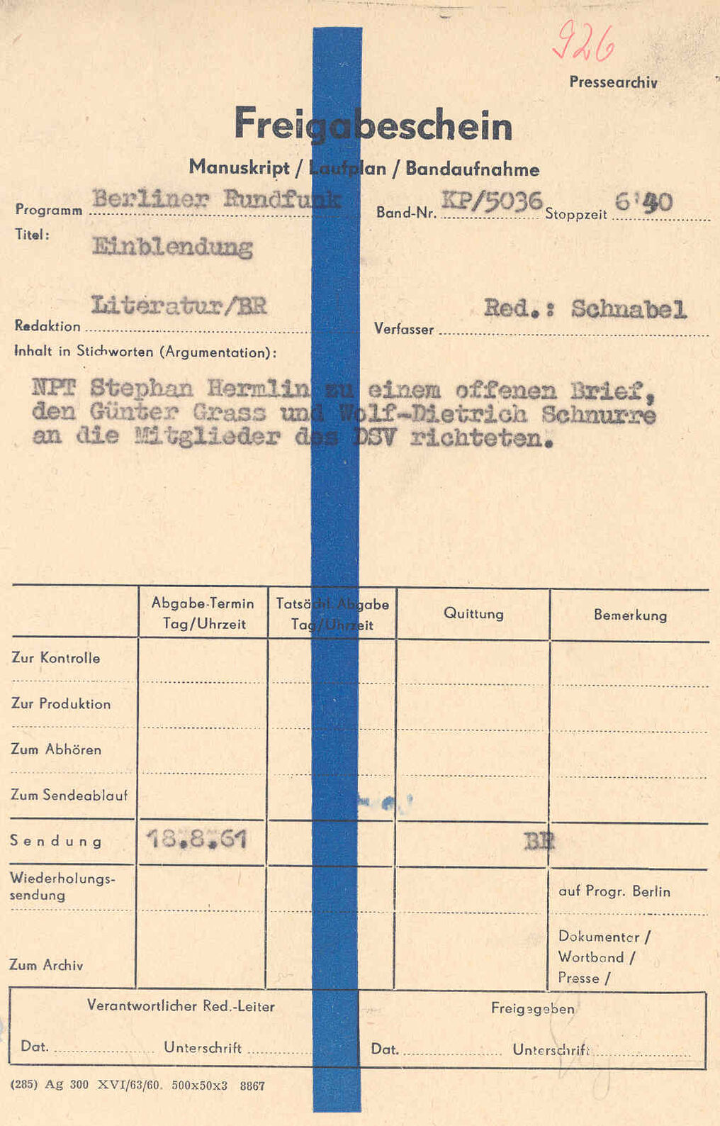 Freigabeschein für Einblendung mit Stellungnahme von Stephan Hermlin.