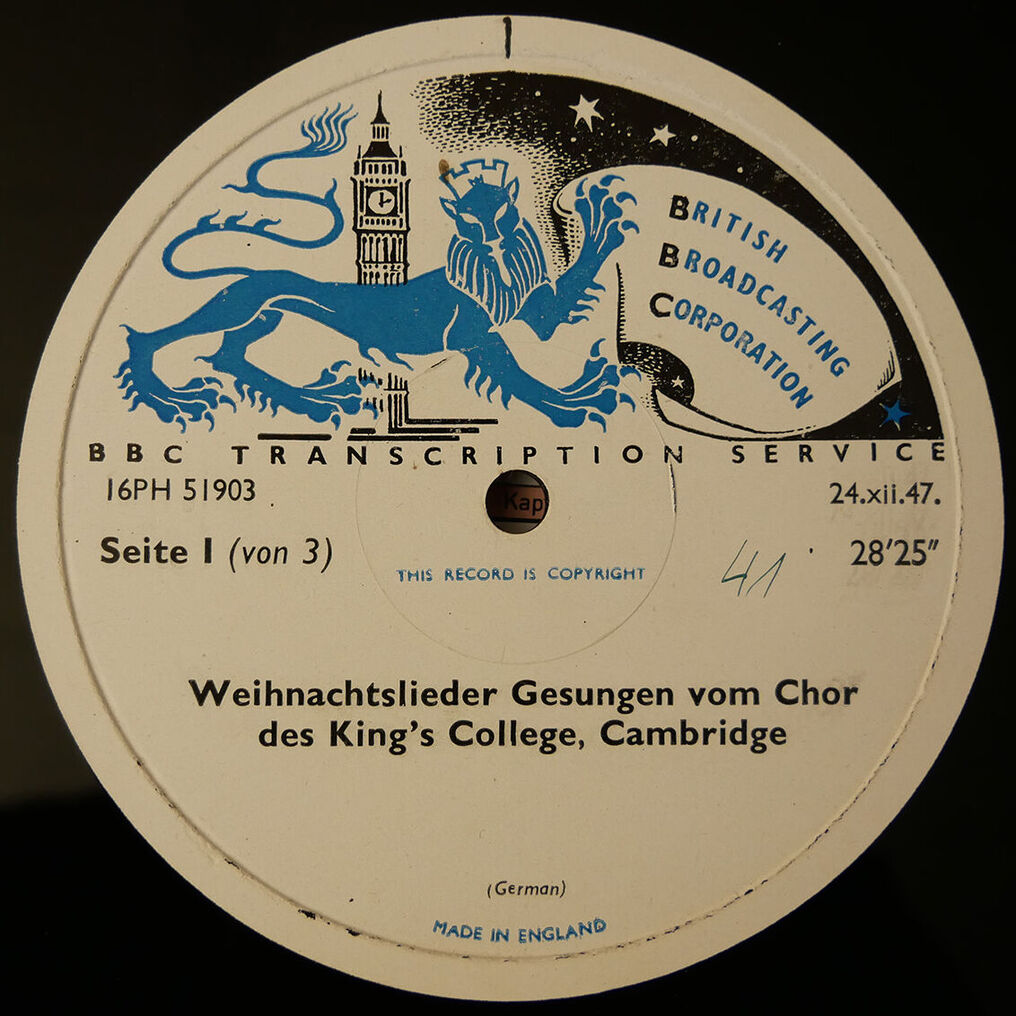 Plattenlabel und Programmbeispiel des »BBC Transcription Service«, 1947